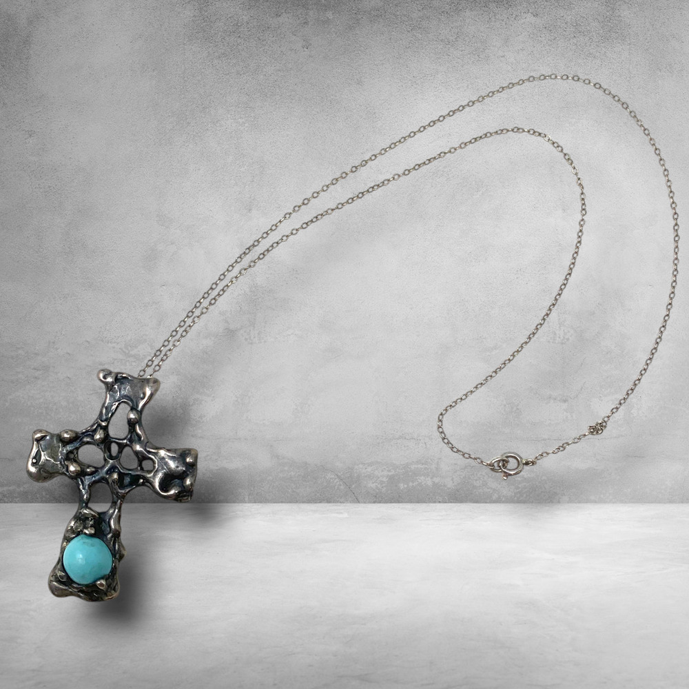 Vintage Brutalist Sterling Silver Cross Necklace Blue Stone Pendant Artisan 12g